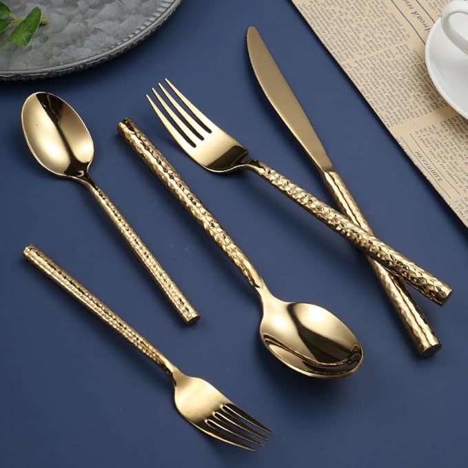 Silverware Flatware Cutlery Set， 5/20/30/40 Pieces Hammered Stainless Steel Steak Knives， Forks and Spoons，Gold-6Set-30Pcs