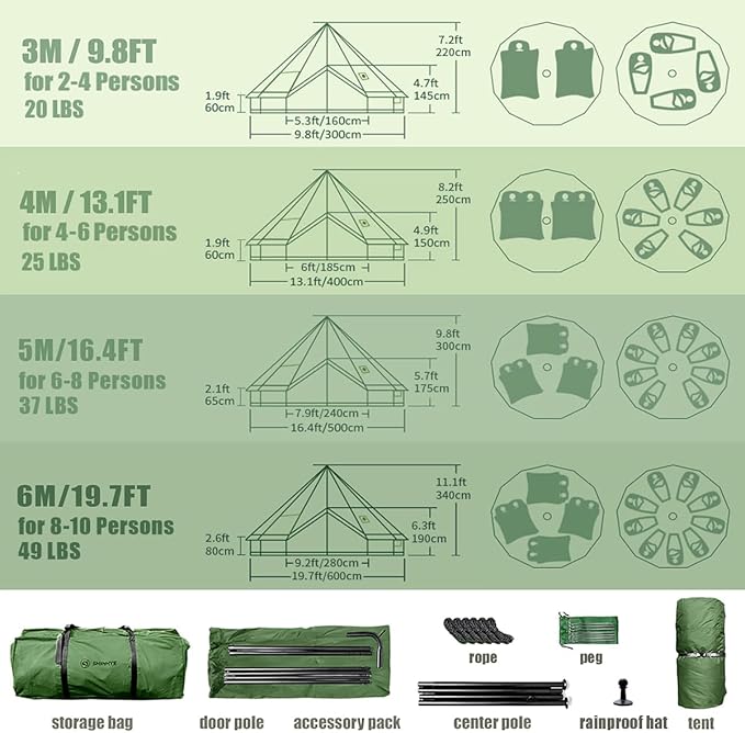Bell Yurt Tent with Stove Jack, Waterproof Luxury 4 Season Tent 420D Oxford Cloth Green Glamping Tents for Family Outdoor Camping, Hunting, Party, All Year Living