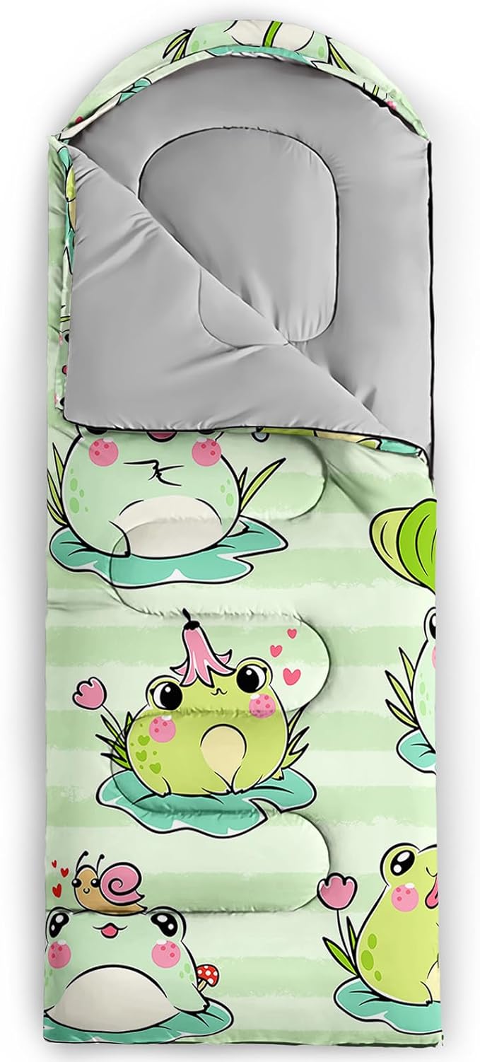 AILONEN Cute Frog Green Camping Sleeping Bag,Lightweight & Waterproof,3 Season Warm & Cool Weather,Travel Portable Compression with Compact Carrying Bag for Kids Girls Adults