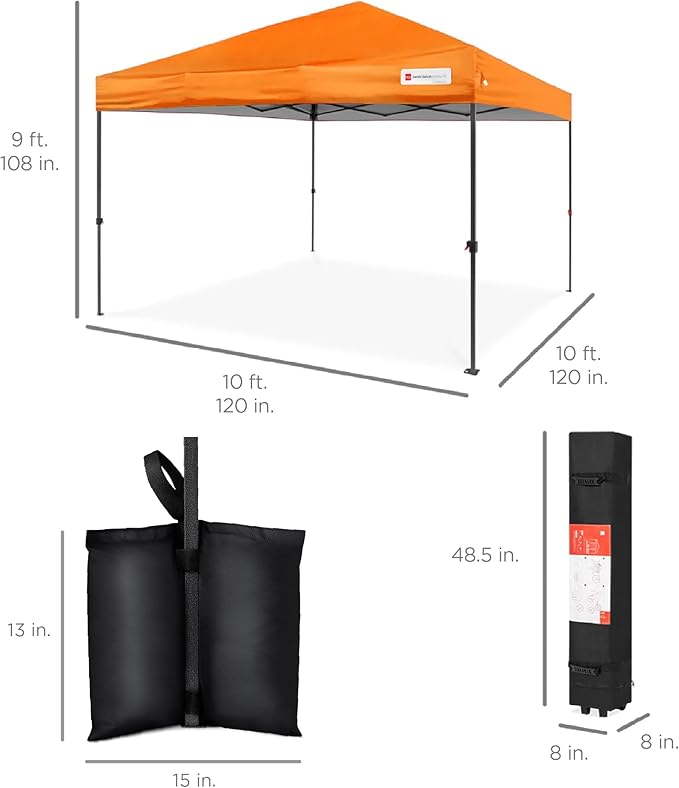 Best Choice Products 10x10ft Pop Up Canopy Tent, Outdoor Shade, 1 Person 1 Minute Set Up, Carry Case, 4 Weight Bags - Orange
