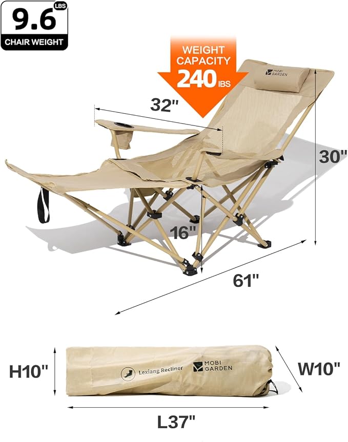 MOBI GARDEN Reclining Camping Chair with Foot Rest, 4-Position Adjustable Folding Lounge Chair for Adults, Portable & Detachable Footrest – Sand - Mesh Back