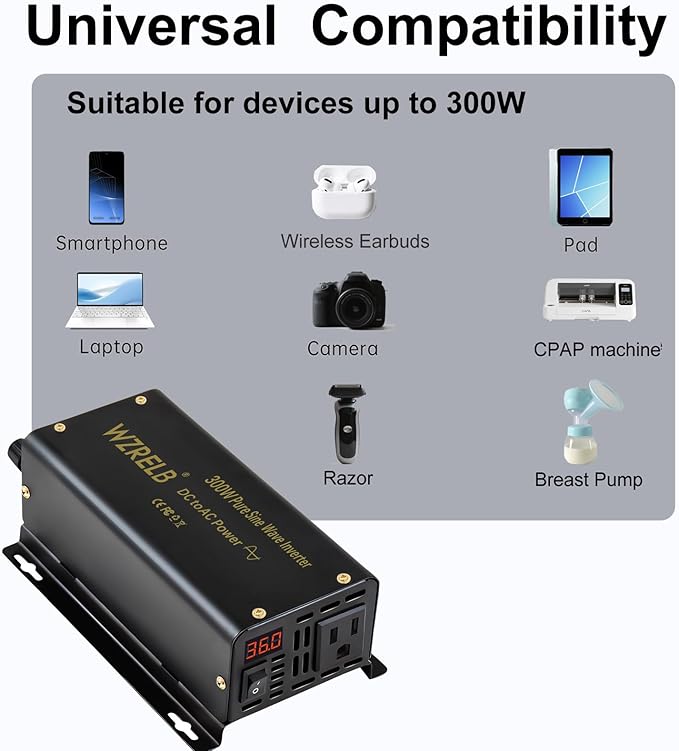 WZRELB 300W Pure Sine Wave Power Inverter 600W Peak DC 36V to 110V AC Car Adapter Off Grid with LED Display