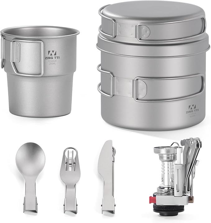 ZING TII Titanium Camping cookware Set, Camping Essentials，Camping Pot，Camping Gear，Camping pots and Pans Set with Pots, Cups，Pans，Tableware.