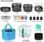 Camping Tableware Set 4 Person Outdoor Picnic Cooking Supplies with Bucket Bowl Pans Fold Knife Fork Cookware 29PCS Kit