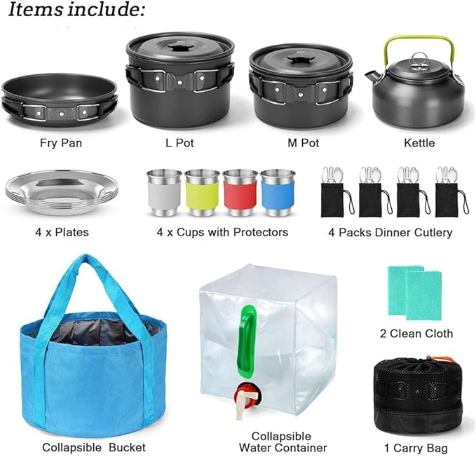 Camping Tableware Set 4 Person Outdoor Picnic Cooking Supplies with Bucket Bowl Pans Fold Knife Fork Cookware 29PCS Kit