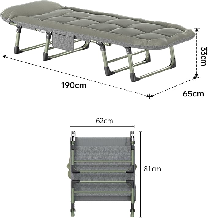 Folding Bed with Thick Cotton Mattress, 6-Position Adjustable with Side Pocket Single Person Portable Cot Chair for Bedroom Living Room Office, Outdoor Foldable Camping Cot(190 * 65 * 33cm)