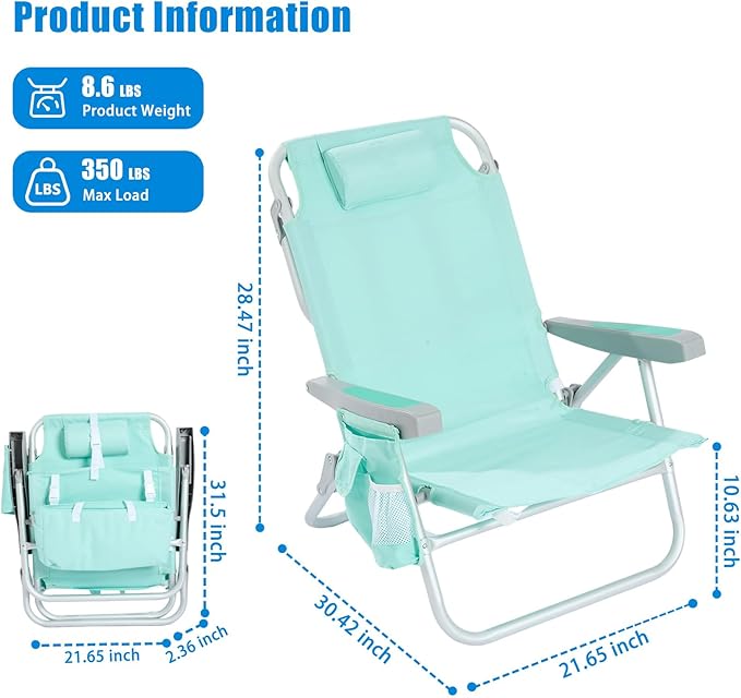 SUNNYFEEL Beach Chairs for Adults 2 Pack 5 Position Lay Flat, Portable Folding Backpack Beach Chair Heavy Duty with Cooler Bag, Cup Holder for Outdoor/Lawn/Picnic/Sand, Foldable Camping Chair