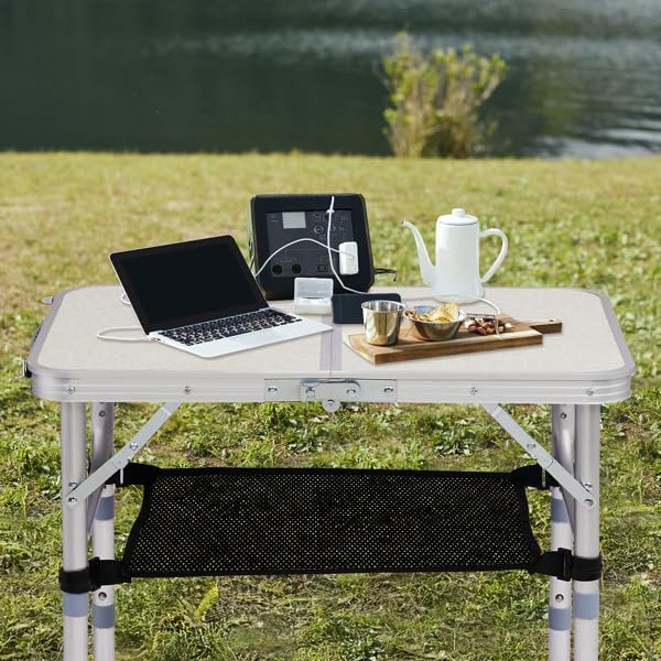 Outdoor Folding Camping Table, 2ft Adjustable Height Portable, Lightweight Aluminum Foldable Table with Carry Handle & Mesh Storage Shelf for Patio, Beach, BBQ, Camping & Hiking