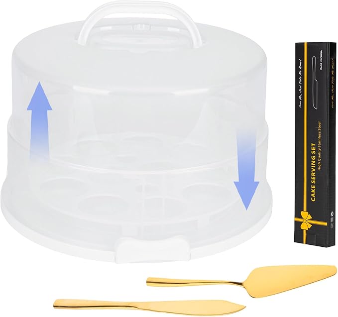 12 Inch Cake Carrier with Lid and Handle – Cake Container for Baking Events & Outdoor Trips | Adjustable Height,Portable Food Cake Carrier Storage Solution for Picnics & Camping (WHITE-SET)