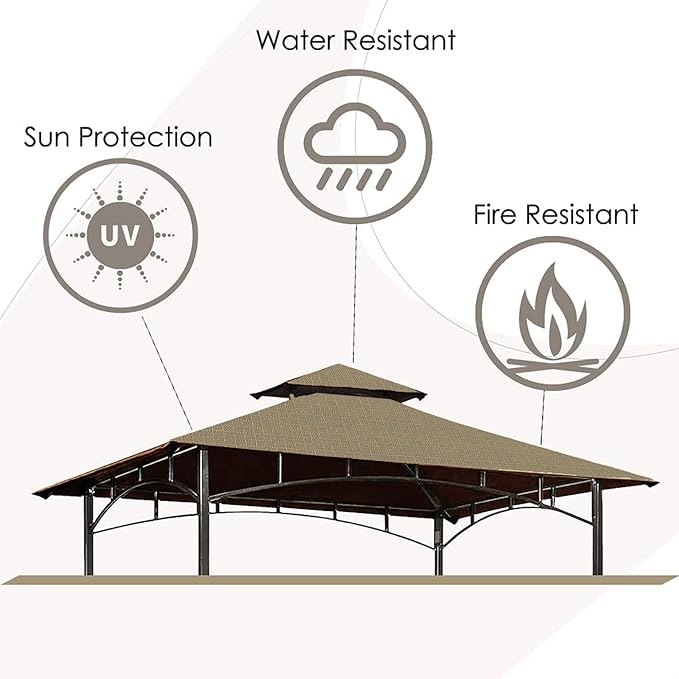 Grill Gazebo Replacement Canopy Roof – Hugline 5x8 Outdoor Grill Shelter Canopy Top Double Tiered BBQ Tent Cover Fit for Model L-GG001PST-F (Khaki Ripstop)