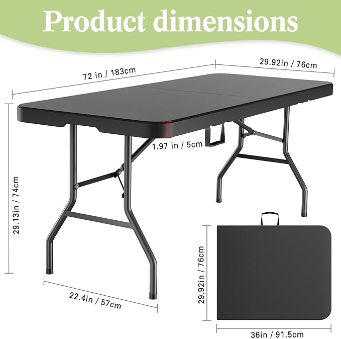 6ft Heavy-Duty Portable Outdoor Folding Table for 6 - Sturdy HDPE Top, 350lbs Capacity, Lockable Design, No Assembly - Camping Parties Picnics (Black)