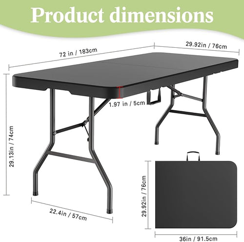 6ft Heavy-Duty Portable Outdoor Folding Table for 6 - Sturdy HDPE Top, 350lbs Capacity, Lockable Design, No Assembly - Camping Parties Picnics (Black)