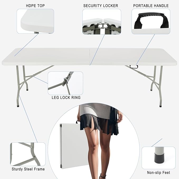 8ft Heavy Duty Portable Folding Table - Plastic Dining Table Indoor/Outdoor White Plastic Table for Parties, BBQs, and Camping