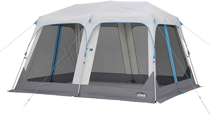 CORE 12’x10' Lighted Instant Screen House | Folding and Portable Large Pop Up Canopy Shelter with LED Lights | Perfect for Family Camping, Outdoor, Picnic, Backyards, BBQ, Tailgate, Patio and Party