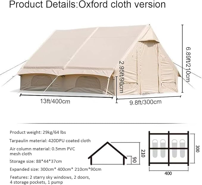 Large Luxury Inflatable Camping Tent Cotton Canvas Tent, Breathable and Waterproof Air Tent with Skylight and Stove Jack Hole for for 4-6-8-10 Person Family Camping