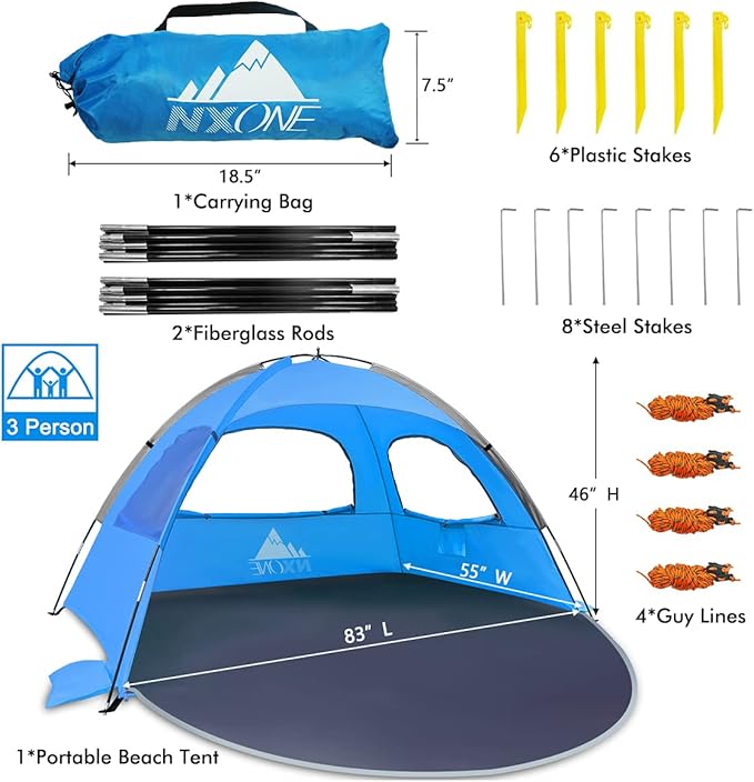 NXONE Beach Tent Sun Shelter with UPF 50+ UV Protection, Lightweight Easy Setup Portable Beach Canopy for Family, Large Space for Beach, Camping & Outdoor, 3/4/6 Person