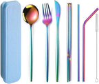 Flatware Silverware Set, Stainless Steel Portable Tableware Set Portuguese Chopsticks Straws Outdoor Camping Knife Fork Spoon, Tableware Cutlery Set(Rainbow,10Set)