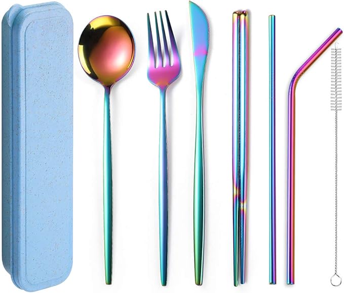 Flatware Silverware Set, Stainless Steel Portable Tableware Set Portuguese Chopsticks Straws Outdoor Camping Knife Fork Spoon, Tableware Cutlery Set(Rainbow,6Set)