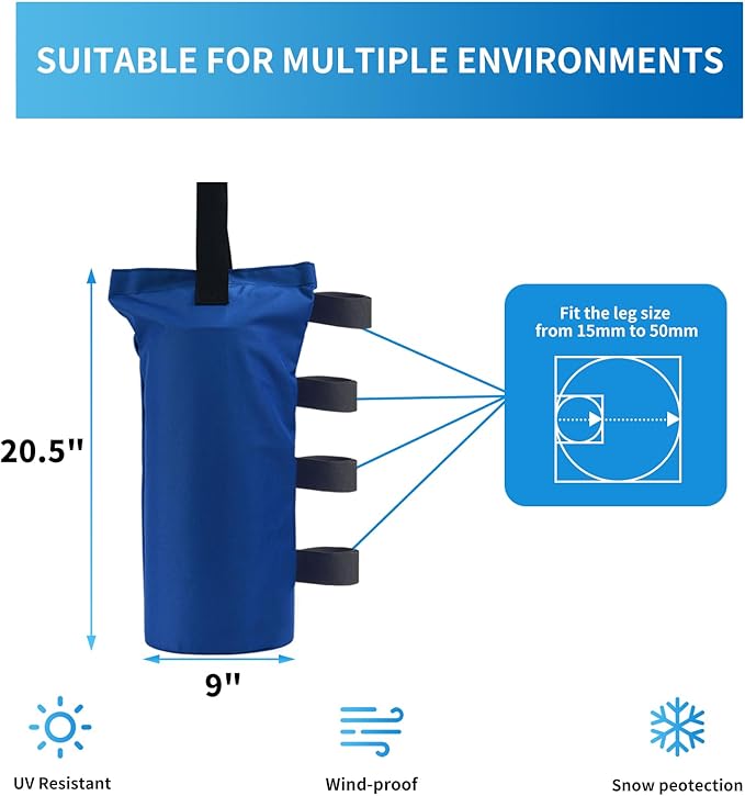 Joramoy Heavy Duty Canopy Weight Bags (150LBS) for Pop Up Canopy Tent - Leg Weights, Set of 4, Blue (Without Sand)