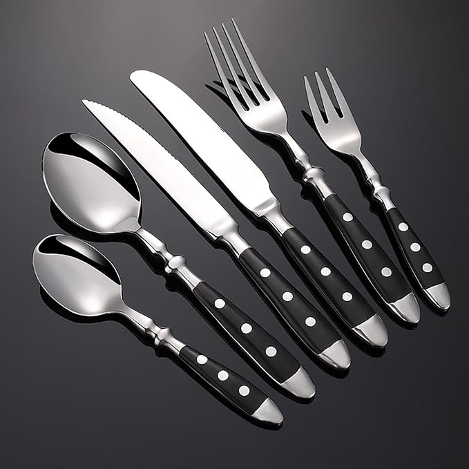 IKXO 24 Pieces Black Silverware Set, Black Flatware Set, Food-Grade Stainless Steel Cutlery Set for 4, Tableware Eating Utensils, Mirror Finished, Dishwasher Safe…