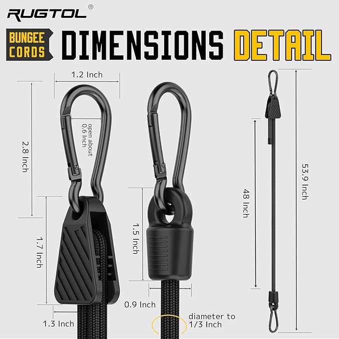 Bungee Cords, Adjustable Bungee Cord with Carabiner Hooks Heavy Duty Outdoor 48 inch Long, Adjust Length Black Elastic Ropes Tie Downs Cable with Clips On Both Ends for Trucks Bike Rack Tarps, 6 Pack