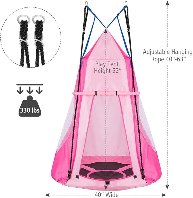 Costzon 2 in 1 Kids Detachable Hanging Chair Swing Tent Set, Hammock Nest Pod Hanging Swing Seat for Boys/Girls, Children Outdoor Indoor Swing Play House with Play Tent, Max Capacity 330 LBS (Pink)