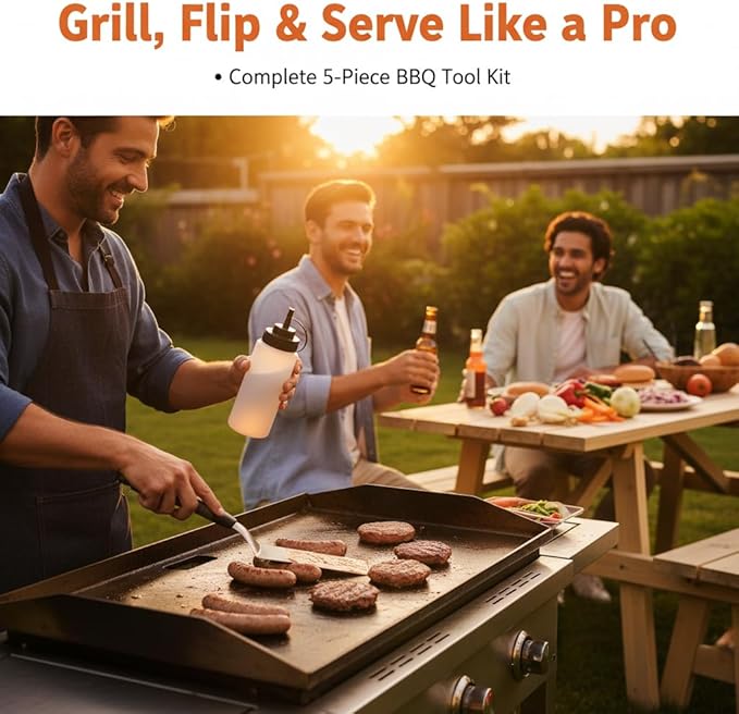 Blackstone Griddle Set 7-Piece w/2 Towels - 3mm Stainless Steel Spatulas, Scraper & Oil Bottles - Professional BBQ Tools for Blackstone/Camp Chef/Hibachi