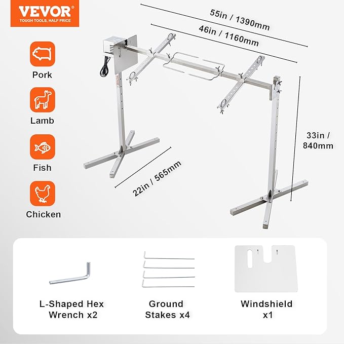 VEVOR Electric BBQ Rotisserie Grill Kit, 52 Inch 88 lbs Capacity, Automatic 38W Motor Height Adjustable Universal Roaster Stand, Stainless Steel Grilling Kit, Spit Rod with Heat Shield for Pig Lamb