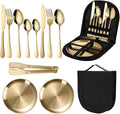 Travel Portable Gold Silverware Set With Case Stainless Steel Camping Flatware Set 11 Piece Modern Cutlery Tableware Utensils Set for Picnic and Other Outdoor Activities Mirror Polished