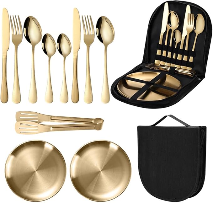 Travel Portable Gold Silverware Set With Case Stainless Steel Camping Flatware Set 11 Piece Modern Cutlery Tableware Utensils Set for Picnic and Other Outdoor Activities Mirror Polished
