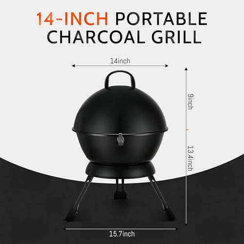 14-Inch Portable Barbecue Grill,Outdoor Small Grill with Dual Venting System and Warming Rack for Picnic, Camping, Backyard,Black