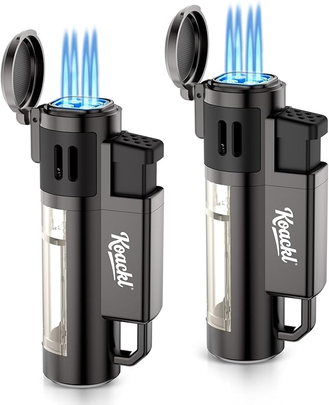 Torch Lighter, Refillable Windproof Adjustable Quad Jet Flame Butane Lighter for Candle Grill BBQ Camping Fireworks, 2 Pack (No Fuel Included)