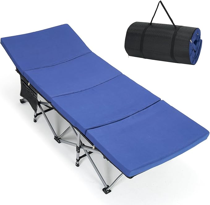 Slsy Camping Cot with 2" Memory Foam Mattress, Upgraded Padded Folding Cot Bed with Carry Bag, Portable Sleeping Cot for Camping, Travel, Beach & Hiking