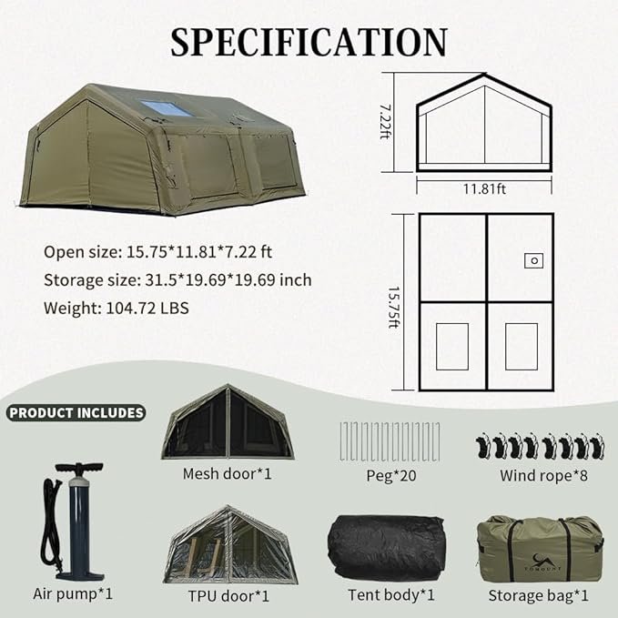 MC TOMOUNT Inflatable Tents for Camping, 6/8/10 Person Large Family Blow Up Camping Tent with Hand Pump, Easy Setup Air Glamping Tent for Outdoor Picnic Party