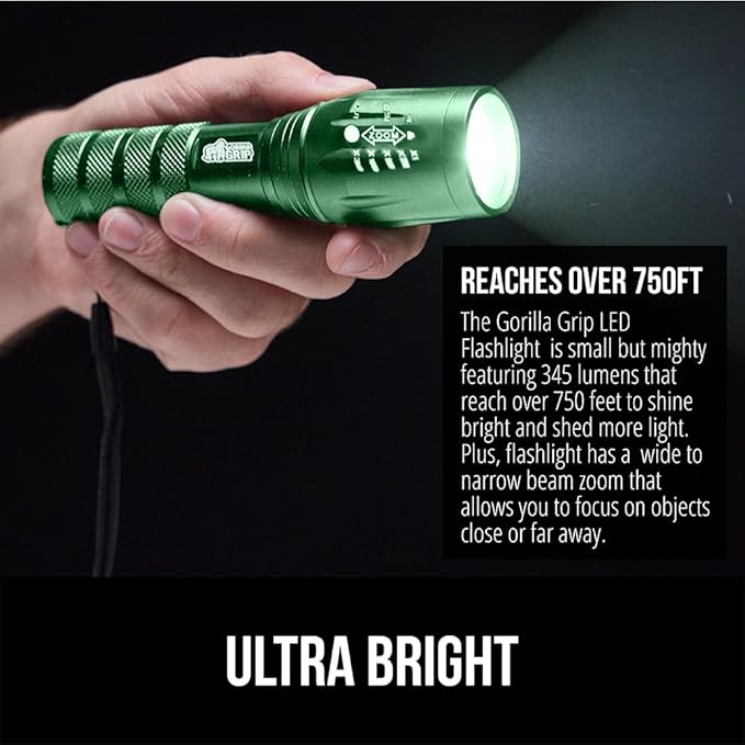 GORILLA GRIP Powerful LED Tactical Flashlight, 750 FT High Lumens 5 Adjustable Modes, Water Resistant, Ultra Bright Zoom Flashlights, Small Mini Flash Light, Camping, Night Dog Walking, 2 Pack Green