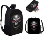 3PCS Skull Print Blue School Bag, 17 Inch Laptop Bookbag Daypack Knapsack Rucksack Lunch Bags Pen Case for College Student