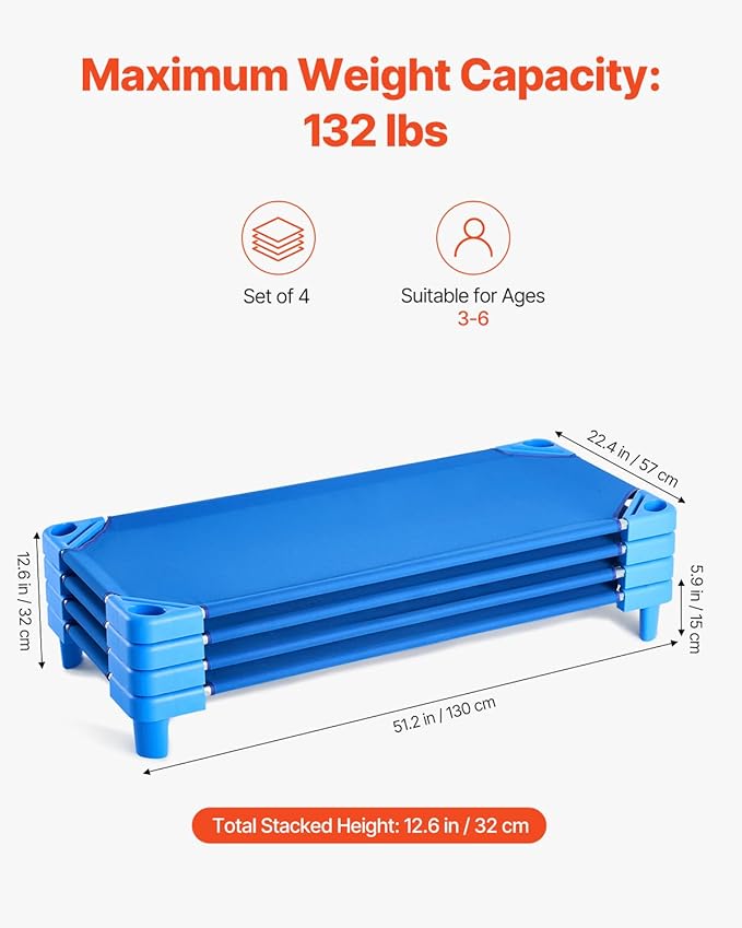 VEVOR Stackable Kiddie Cot, Pack of 4, Portable Toddler Nap Cots, Standard Size 52" L x 23" W Daycare Cots for Kids, Preschool Classroom Daycare Beds for Sleeping, Resting, Naptime, Blue