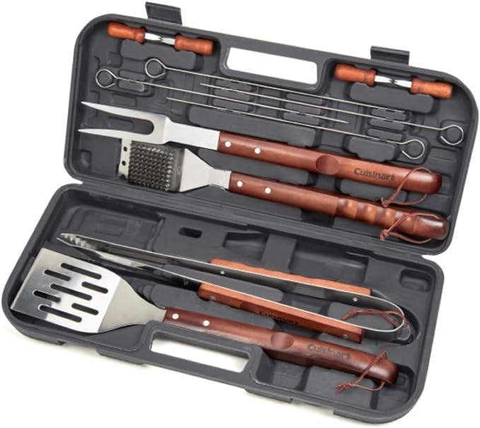 Cuisinart CCG190RB Inch BBQ, 14" x 14" x 15", Portable Charcoal Grill, 14" (Red) & CGS-W13 Wooden Handle Tool Set, Black (13-Piece)