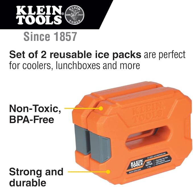 Klein Tools 62811 Reusable Ice Packs for Cooler Bags and Lunch Boxes, Interlocking Design, Heavy Duty for Daily Use, Quick Freeze, 2-Pack