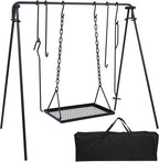 REDCAMP Swing Campfire Grill Stand - Collapsible Campfire Cooking Rack with 6 Hooks & Iron Grill Grate, Portable Dutch Oven Hanger for Outdoor Camping, Cookware, Bonfire, Rectangle
