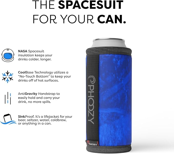PHOOZY Insulated Can Cooler for Slim 12oz Cans with NASA-Inspired Technology - Patented Koozie That Keeps Drinks Cold 10x Longer - Lightweight Beer Koozie for Outdoor Adventures - Blue