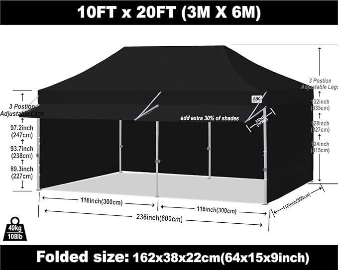 ABCCANOPY 10x20 Pop up Canopy Tent with Sidewalls - Easy up Canopies with Awning, Outdoor Tents for Parties, Market, Commercial Events, Black