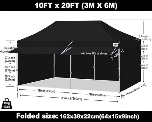 ABCCANOPY 10x20 Pop up Canopy Tent with Sidewalls - Easy up Canopies with Awning, Outdoor Tents for Parties, Market, Commercial Events, Black