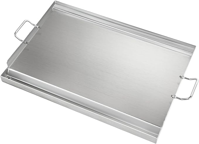 LotFun 23" x 16" Stainless Steel Cooking Griddle for Outdoor Gas Grill, Universal Griddle Flat Top Plate Insert with Grease Groove and Removable Handles for Electric/Charcoal/Gas Grill, Camping,Party