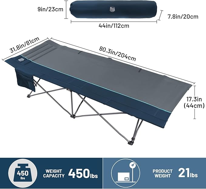TIMBER RIDGE Extra Wide Heavy Duty Camping Cot for Adult, Easy Set Up Oversized Sleeping Cot with Carry Bag for Camping, Travel and Outdoors, Support up to 450lbs, Blue, 2 Pack
