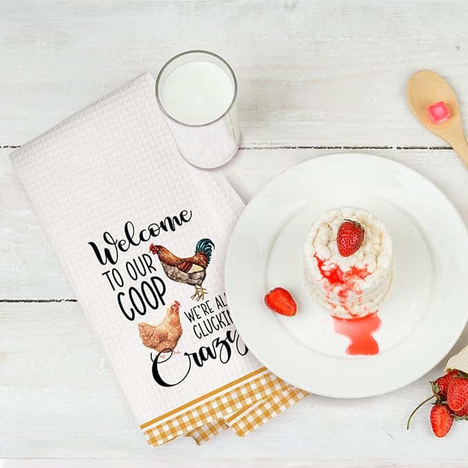 2Pcs Funny Kitchen Towels 24x14 Inch, Rooster Chicken Kitchen Decor Waffle Weave Hand Towels for Farmhouse, White Absorbent Microfiber Dish Cloth Tea Towel Chicken Gifts for Women Mom 5