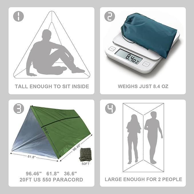 1-Pack Survival Life Tent - 1Person Mylar Shelter, Tube Tent with Paracord, All-Weather for Camping, Hiking, Survival Kits-Yellow