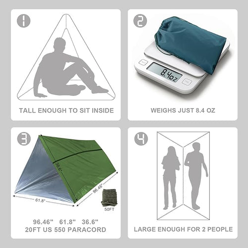 1-Pack Survival Life Tent - 1Person Mylar Shelter, Tube Tent with Paracord, All-Weather for Camping, Hiking, Survival Kits-Yellow