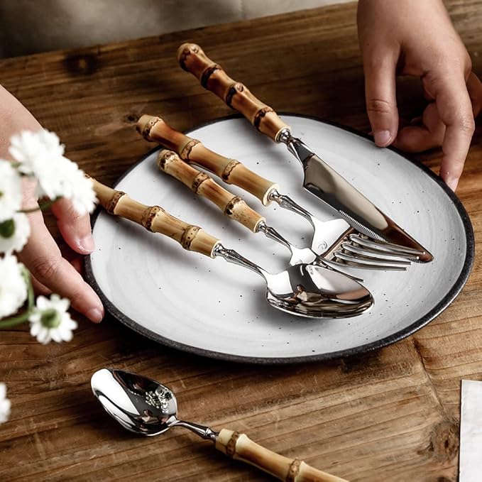 Bamboo Silverware Set for 16 , Natural Flatware Cutlery Set Tableware Utensil Set Knives Forks Spoons, Dinnerware Sets for Christmas Party Kitchen Wedding Gifts 80-piece
