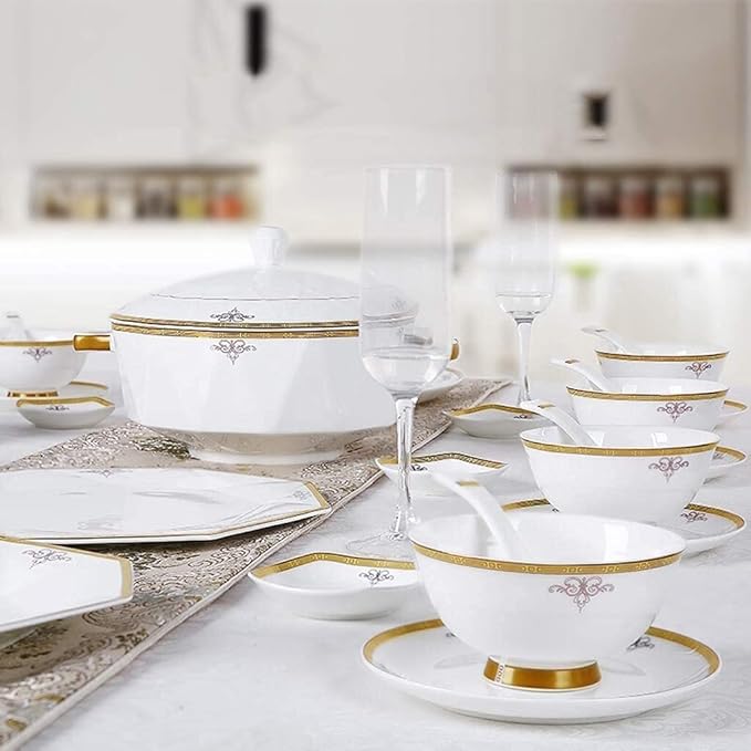 Dinnerware Set Dinner Party Tableware Service Set Ceramics Dinnerware Set with 56 Pieces, Bowl/Dish/Soup Pot/Spoon|Bone China Dinner Sets, Octagonal Fold Design Porcelain Combinati